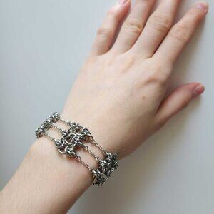 Vintage gothic chainmail silver barbed wire bracelet